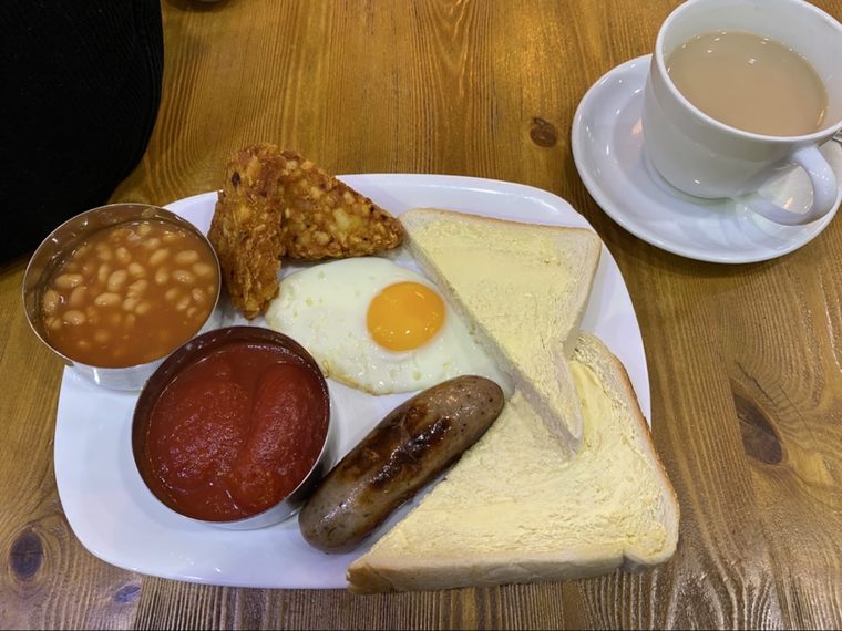 Full fried breakfast with a mug of tea